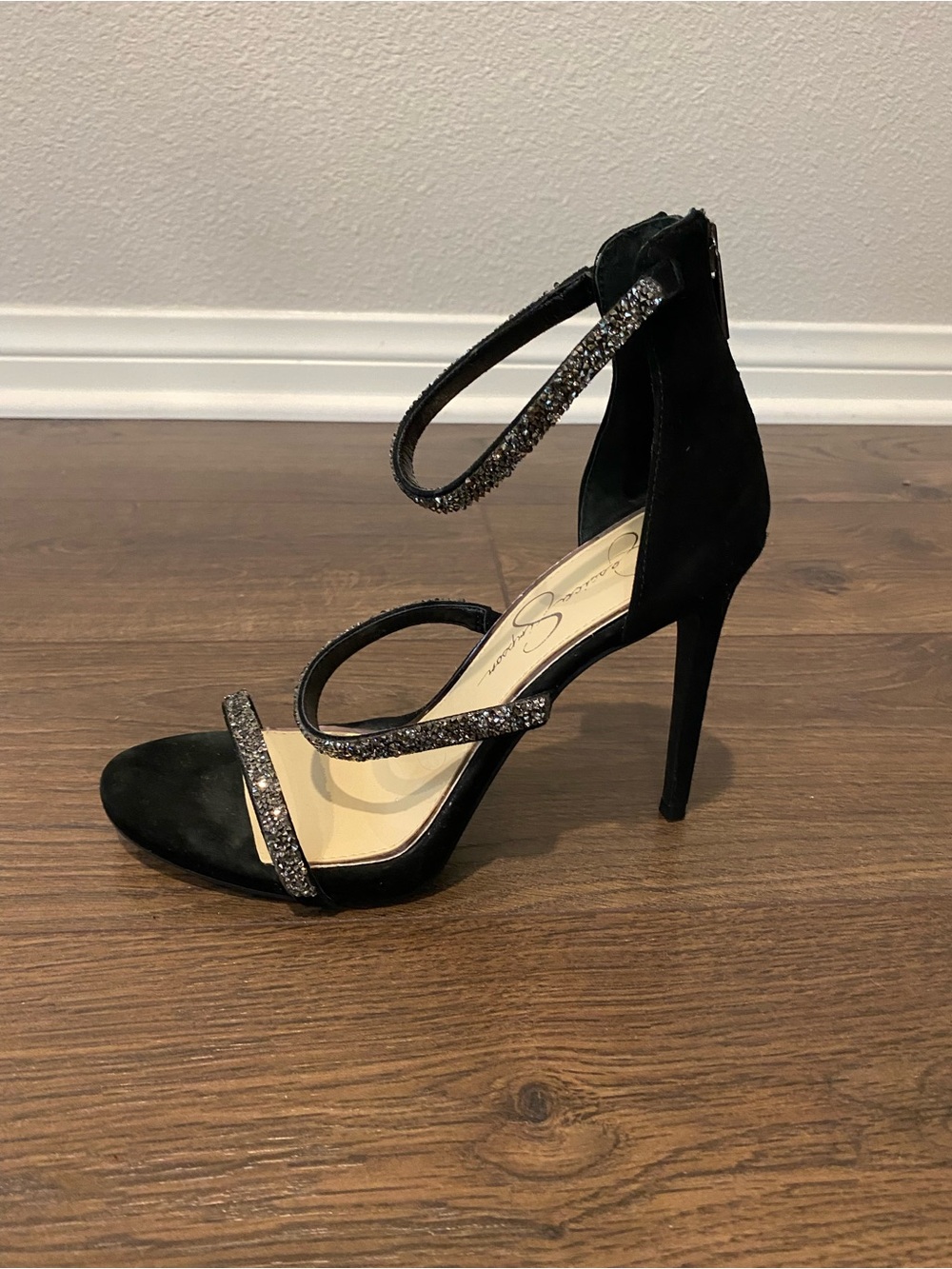 NWOT Jessica Simpson Black Suede High Stiletto Heel Sandals with Sparkle Straps